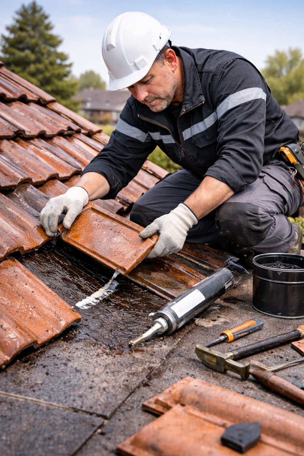 reparando fisura de goteras en el tejado